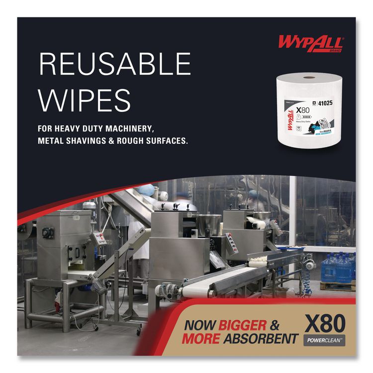 Power Clean X80 Heavy Duty Cloths, Jumbo Roll, 12.4 x 12.2, White, 475/Roll