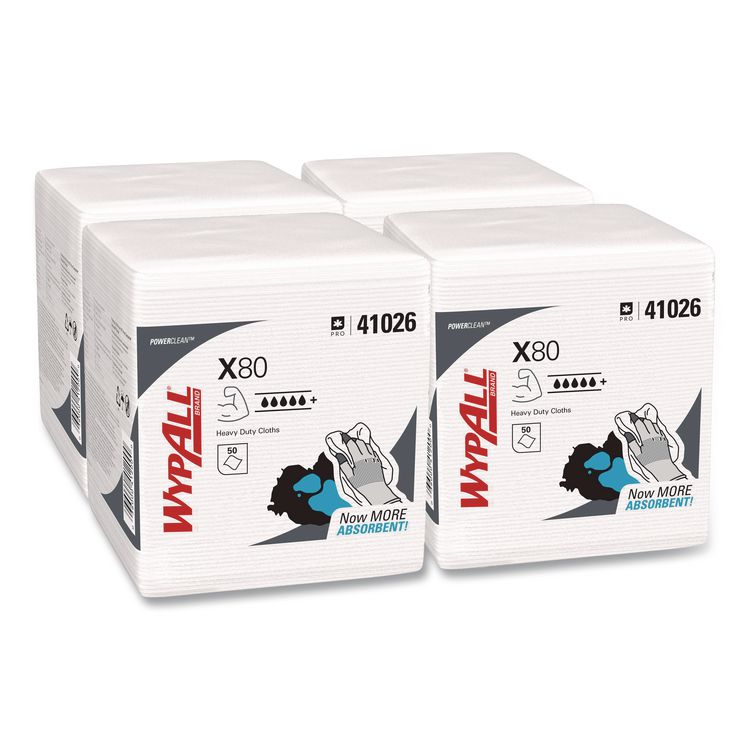 Power Clean X80 Heavy Duty Cloths, 1/4 Fold, 12.5 x 12, White, 50/Box, 4 Boxes/Carton