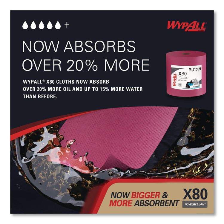 Power Clean X80 Heavy Duty Cloths, Jumbo Roll, 12.4 x 12.2, Red, 475 Wipers/Roll