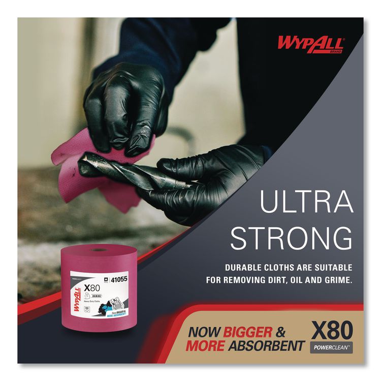 Power Clean X80 Heavy Duty Cloths, Jumbo Roll, 12.4 x 12.2, Red, 475 Wipers/Roll