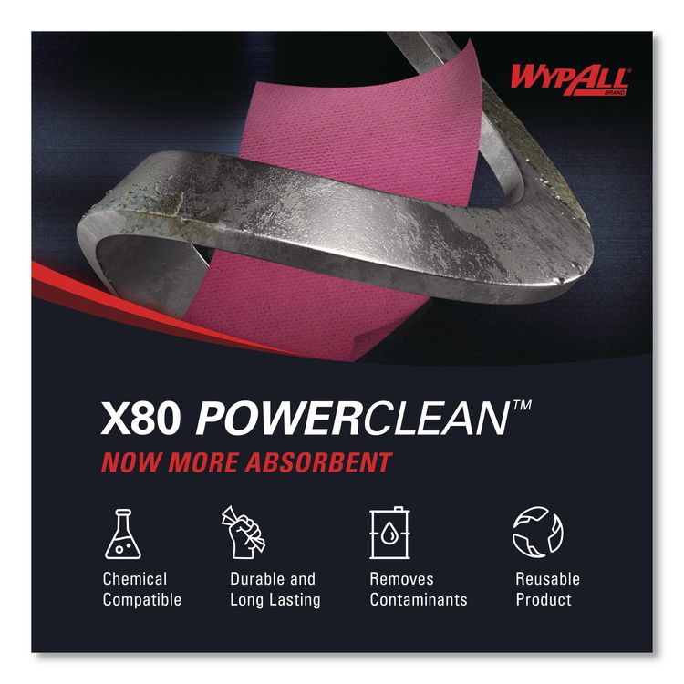 Power Clean X80 Heavy Duty Cloths, Jumbo Roll, 12.4 x 12.2, Red, 475 Wipers/Roll