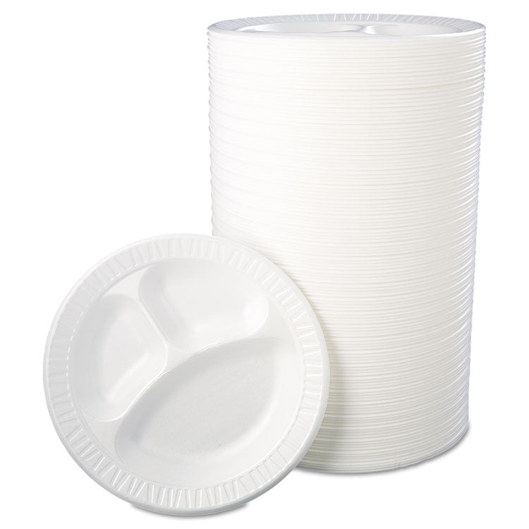 Quiet Class Laminated Foam Dinnerware, 3-Compartment Plate, 10.25" dia, White, 125/Pack, 4 Packs/Carton