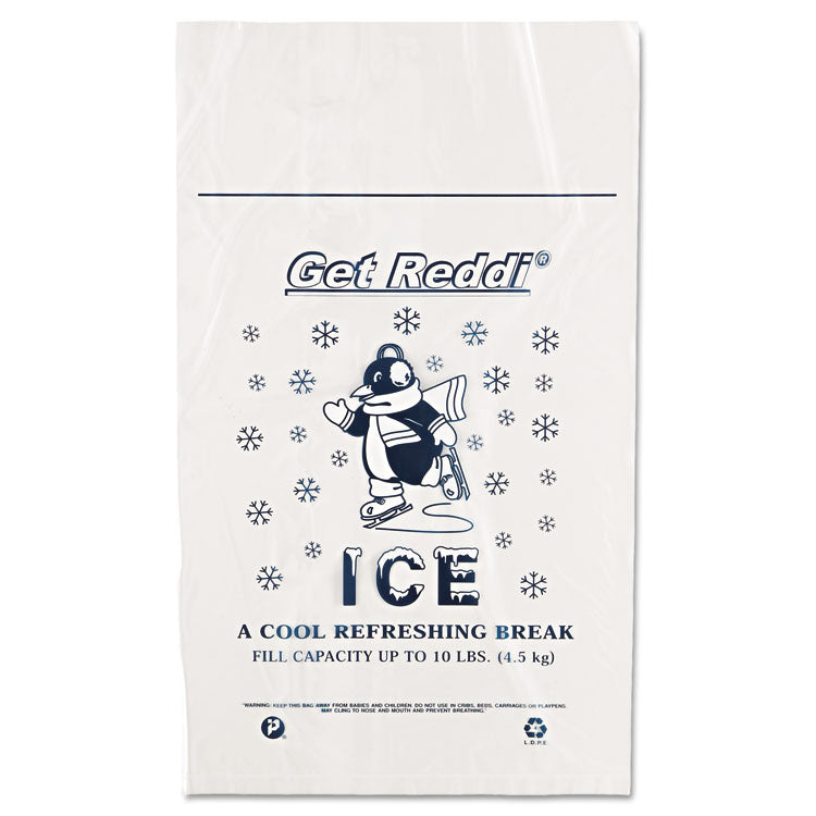 Ice Bags with Twist-Ties, Ice: Penguin Icon Labeling, 10 lb Capacity, 12" x 21", Clear, 1,000/Carton