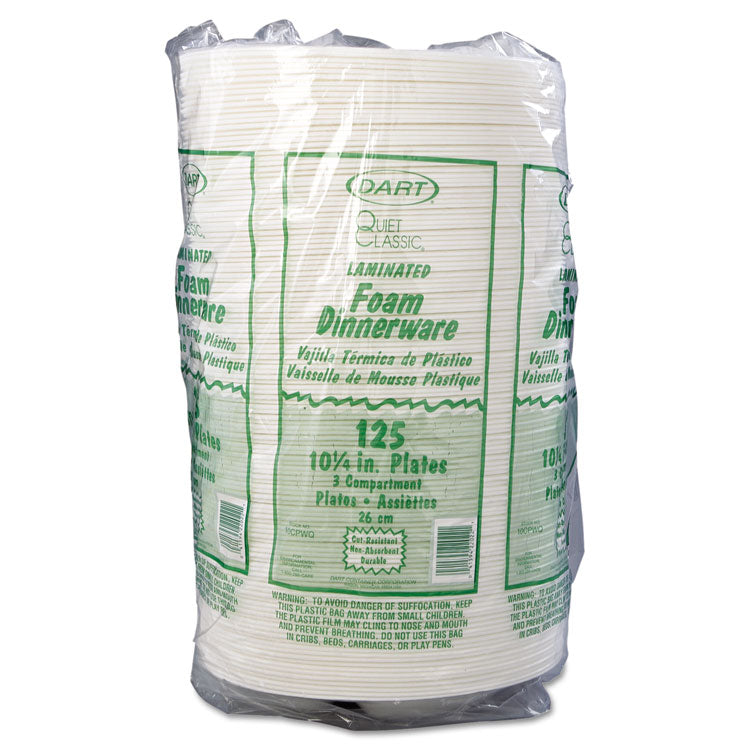 Quiet Class Laminated Foam Dinnerware, 3-Compartment Plate, 10.25" dia, White, 125/Pack, 4 Packs/Carton