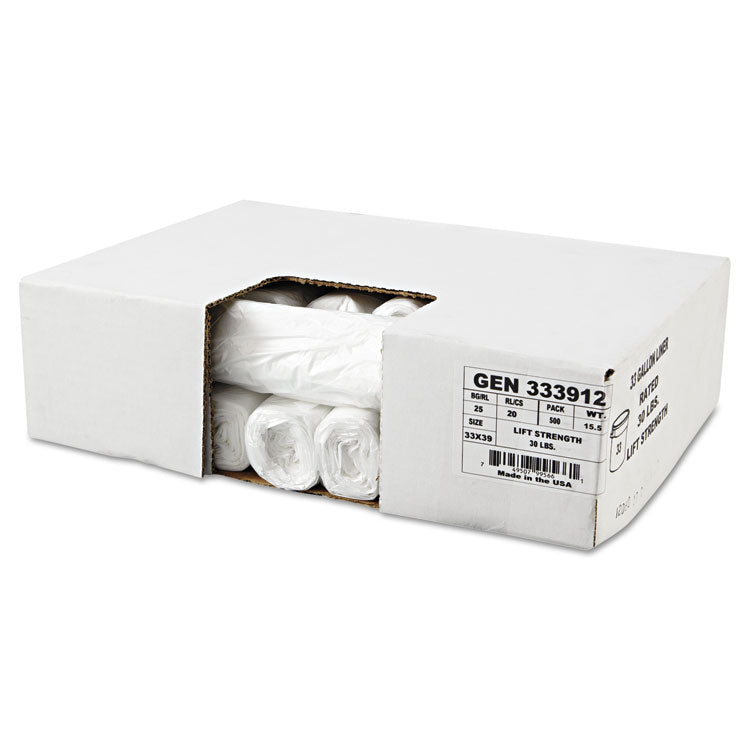 High-Density Can Liners, 33 gal, 9 mic, 33" x 39", Natural, Perforated Roll, 25 Bags/Roll, 20 Rolls/Carton
