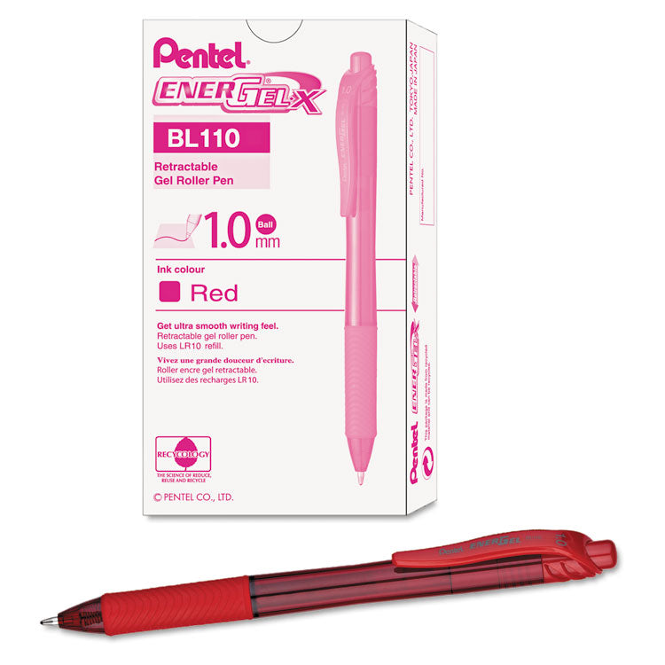 EnerGel-X Gel Pen, Retractable, Bold 1 mm, Red Ink, Translucent Red/Red Barrel, Dozen