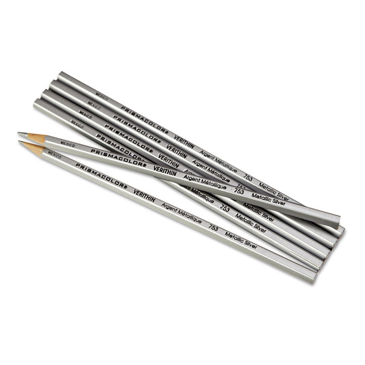 Verithin Smear-Proof Colored Pencils, 2 Mm, Metallic Silver Lead, Metallic Silver Barrel, Dozen