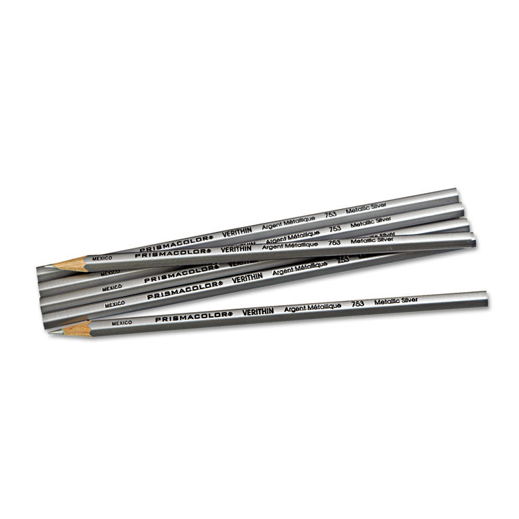 Verithin Smear-Proof Colored Pencils, 2 Mm, Metallic Silver Lead, Metallic Silver Barrel, Dozen