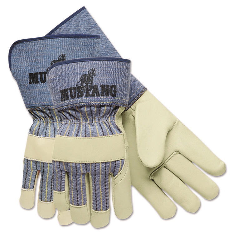 Grain-Leather-Palm Gloves, Gunn Cut, Wing Thumb, Medium, Blue Striped/White, 12 Pairs