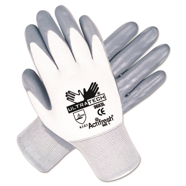 Ultra Tech Nitrile-Coated Gloves, EN388: 4121, Medium, White/Gray, 12 Pairs