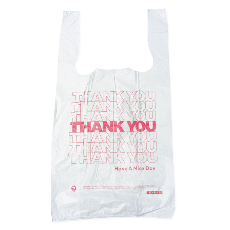 Plastic Thank-You T-Sack, Thank You - Have a Nice Day Labeling, Cut-Out Handles, 4" x 6" x 15", White/Red, 2,000/Carton