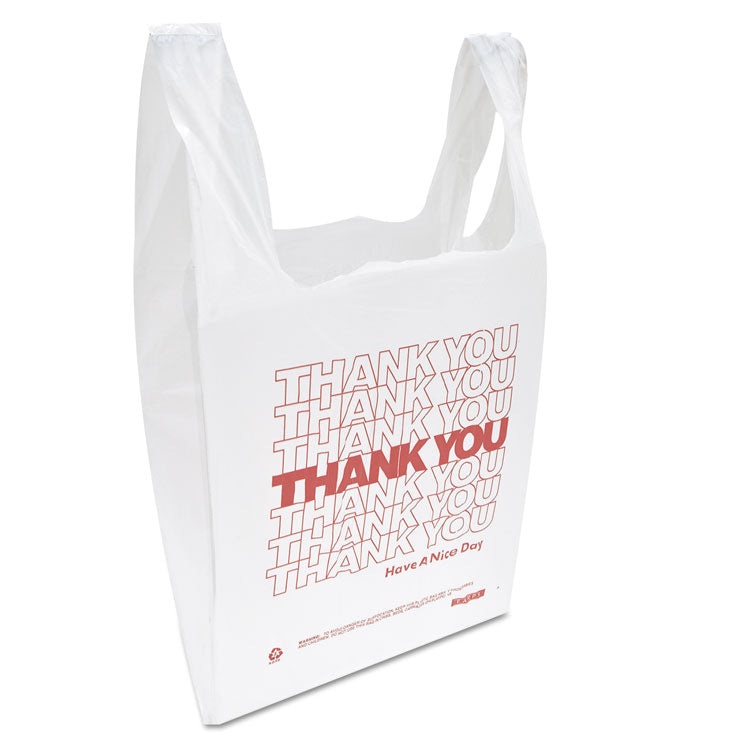 "Thank You" Handled T-Shirt Bag, Have a Nice Day Labeling, Cut-Out Handles, 11.5" x 6.5" x 21", White/Red, 900/Carton