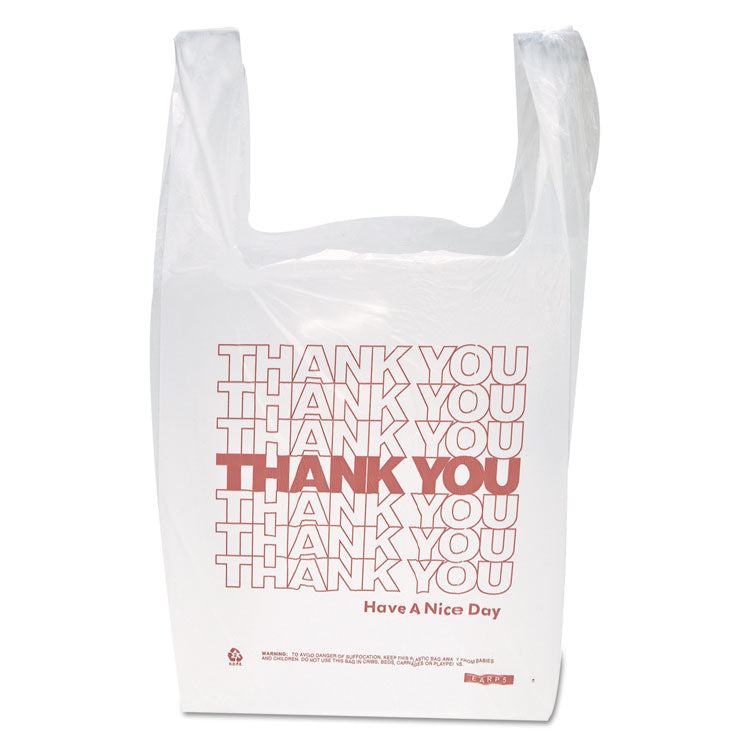 "Thank You" Handled T-Shirt Bag, Have a Nice Day Labeling, Cut-Out Handles, 11.5" x 6.5" x 21", White/Red, 900/Carton
