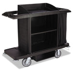 Housekeeping Cart, Plastic, 3 Shelves, 2 Bins, 22" x 60" x 50", Black