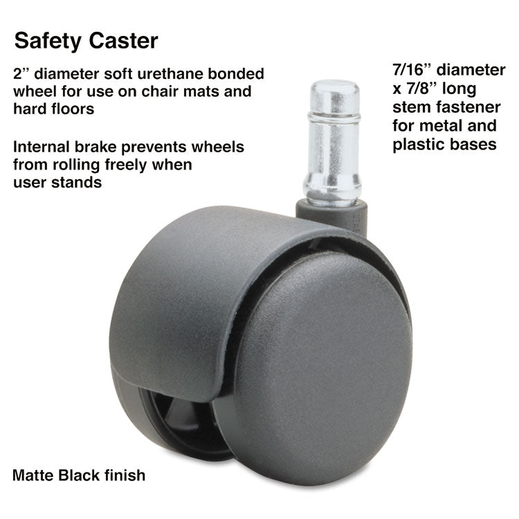 Safety Casters, Standard Neck, Grip Ring Type B Stem, 2" Soft Polyurethane Wheel, Matte Black, 5/Set