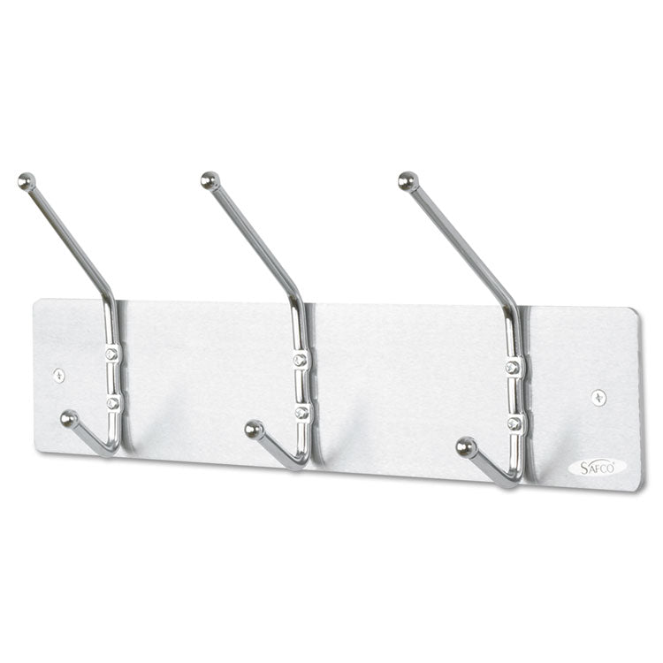 Metal Wall Rack, Three Ball-Tipped Double-Hooks, Metal, 18w x 3.75d x 7h, Satin