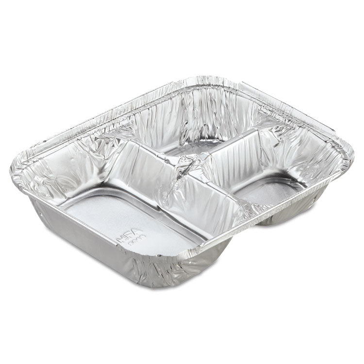 Aluminum Oblong Container with Lid, 3 Compartments, 24 oz, 8.5 x 6.38 x 1.47, Silver, 250/Carton