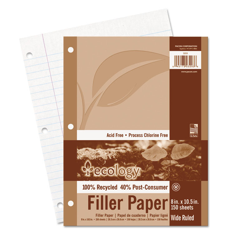 Ecology Filler Paper, 3-Hole, 8 X 10.5, Wide/legal Rule, 150/pack