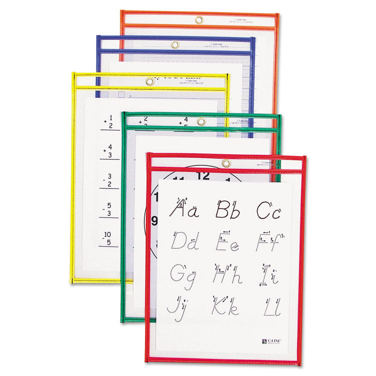 Reusable Dry Erase Pockets, Super Heavy-Duty, Top Load 9 x 12 Insert, Clear Front, Assorted Border Colors, 5/Pack