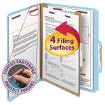 Four-Section Pressboard Top Tab Classification Folders, Four SafeSHIELD Fasteners, 1 Divider, Letter Size, Blue, 10/Box