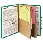 6-Section Pressboard Top Tab Pocket Classification Folders, 6 SafeSHIELD Fasteners, 2 Dividers, Letter Size, Green, 10/Box
