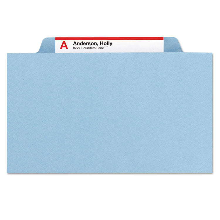 Pressboard Top Tab Classification Folders, Eight SafeSHIELD Fasteners, 3" Expansion, 3 Dividers, Letter Size, Blue, 10/Box