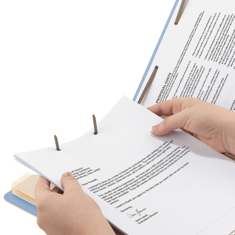 Top Tab Classification Folders, Six SafeSHIELD Fasteners, 2" Expansion, 2 Dividers, Letter Size, Blue Exterior, 10/Box