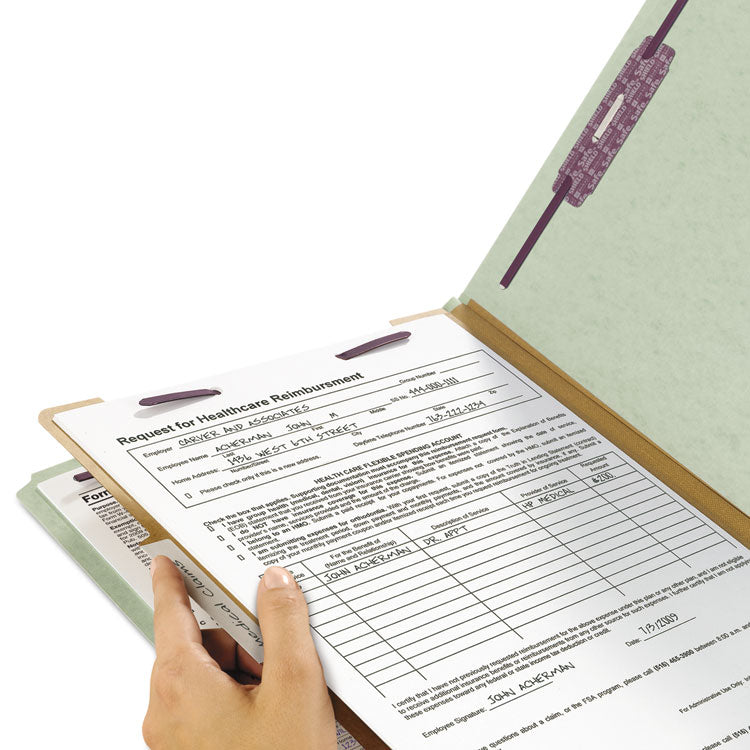 Pressboard Classification Folders, Four SafeSHIELD Fasteners, 2/5-Cut Tabs, 1 Divider, Legal Size, Gray-Green, 10/Box