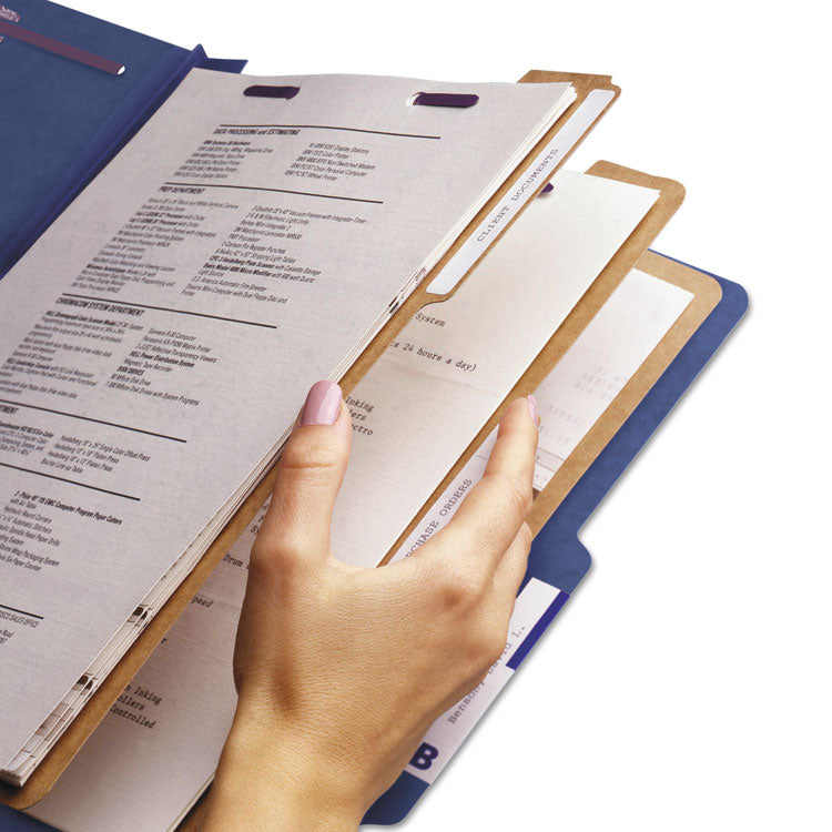 Eight-Section Pressboard Top Tab Classification Folders, 8 SafeSHIELD Fasteners, 3 Dividers, Letter Size, Dark Blue, 10/Box