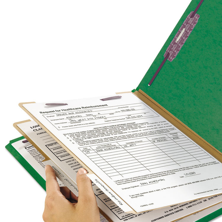 Six-Section Pressboard Top Tab Classification Folders, Six SafeSHIELD Fasteners, 2 Dividers, Legal Size, Green, 10/Box