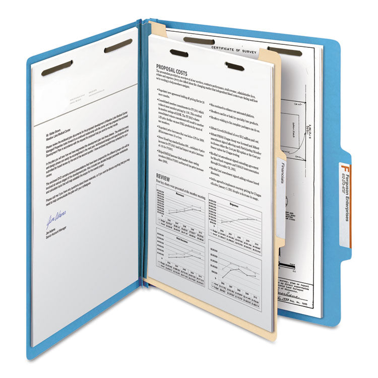 Top Tab Classification Folders, Four SafeSHIELD Fasteners, 2" Expansion, 1 Divider, Letter Size, Blue Exterior, 10/Box