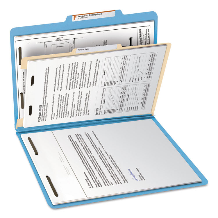Top Tab Classification Folders, Four SafeSHIELD Fasteners, 2" Expansion, 1 Divider, Letter Size, Blue Exterior, 10/Box