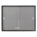 Enclosed Indoor Cork/Fabric Bulletin Board with 2 Sliding Glass Doors, 48" x 36", Gray Surface, Graphite Gray Aluminum Frame