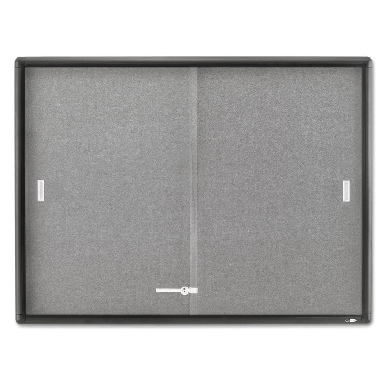 Enclosed Indoor Cork/Fabric Bulletin Board with 2 Sliding Glass Doors, 48" x 36", Gray Surface, Graphite Gray Aluminum Frame