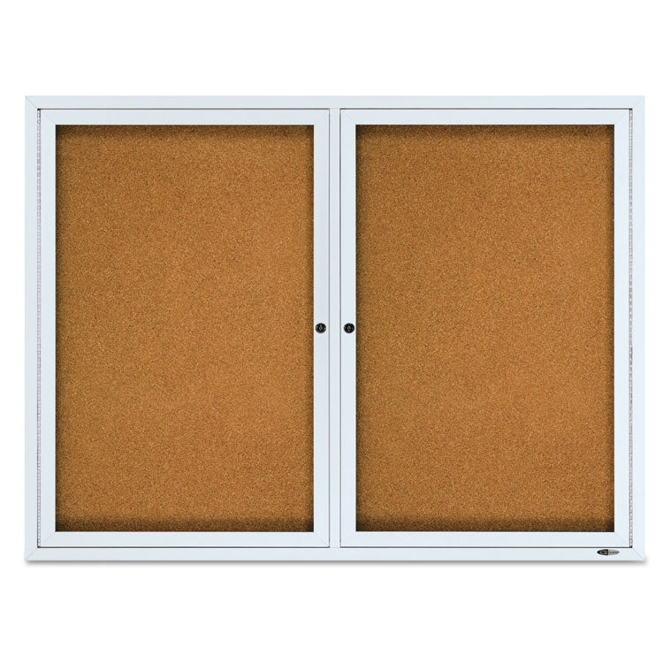 Enclosed Outdoors Bulletin Board with Two Doors, 48" x 36", Tan Surface, Anodized Aluminum Frame