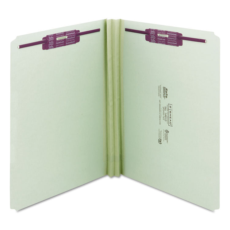 Recycled Pressboard Fastener Folders, Straight Tabs, Two SafeSHIELD Fasteners, 2" Expansion, Letter Size, Gray-Green, 25/Box