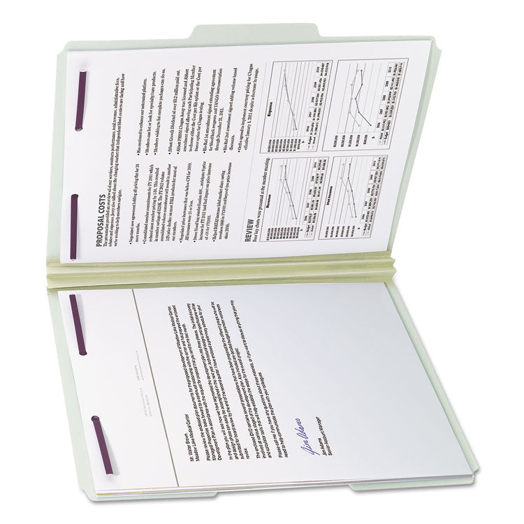 Recycled Pressboard Fastener Folders, 1/3-Cut Tabs, Two SafeSHIELD Fasteners, 2" Expansion, Letter Size, Gray-Green, 25/Box