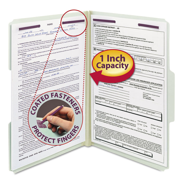 Recycled Pressboard Fastener Folders, 1/3-Cut Tabs, Two SafeSHIELD Fasteners, 1" Expansion, Legal Size, Gray-Green, 25/Box