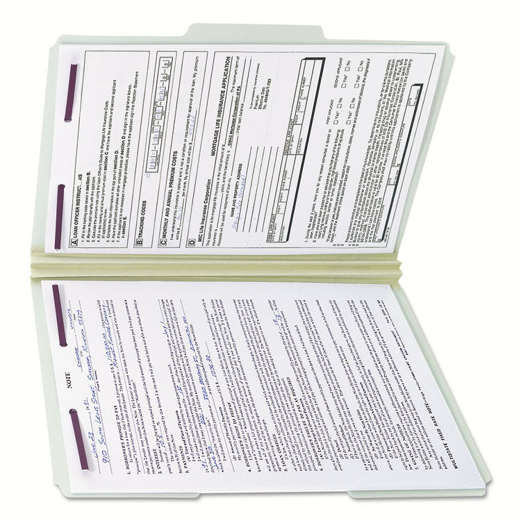 Recycled Pressboard Fastener Folders, 1/3-Cut Tabs, Two SafeSHIELD Fasteners, 2" Expansion, Legal Size, Gray-Green, 25/Box