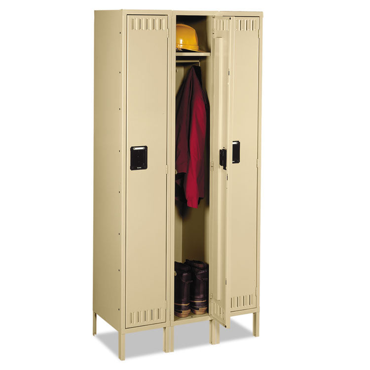 Single-Tier Locker with Legs, Three Lockers with Hat Shelves and Coat Rods, 36w x 18d x 78h, Sand
