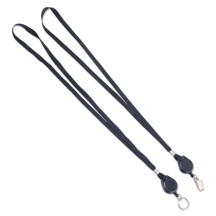 Lanyards with Retractable ID Reels, Metal Split Ring Fastener, 34" Long, Black, 12/Pack