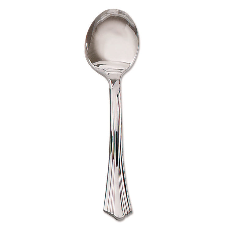 Heavyweight Plastic Soup Spoons, Reflections Design, Silver, 600/Carton