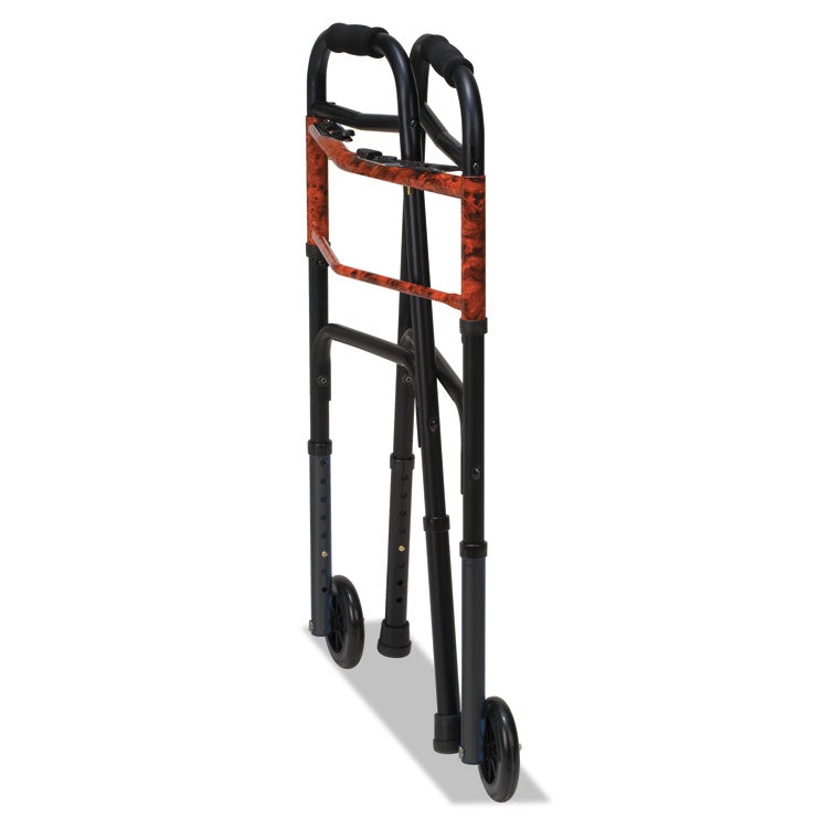 Two-Button Release Folding Walker with Wheels, Adjusts 32" to 38", 250 lb Capacity, Black/Copper