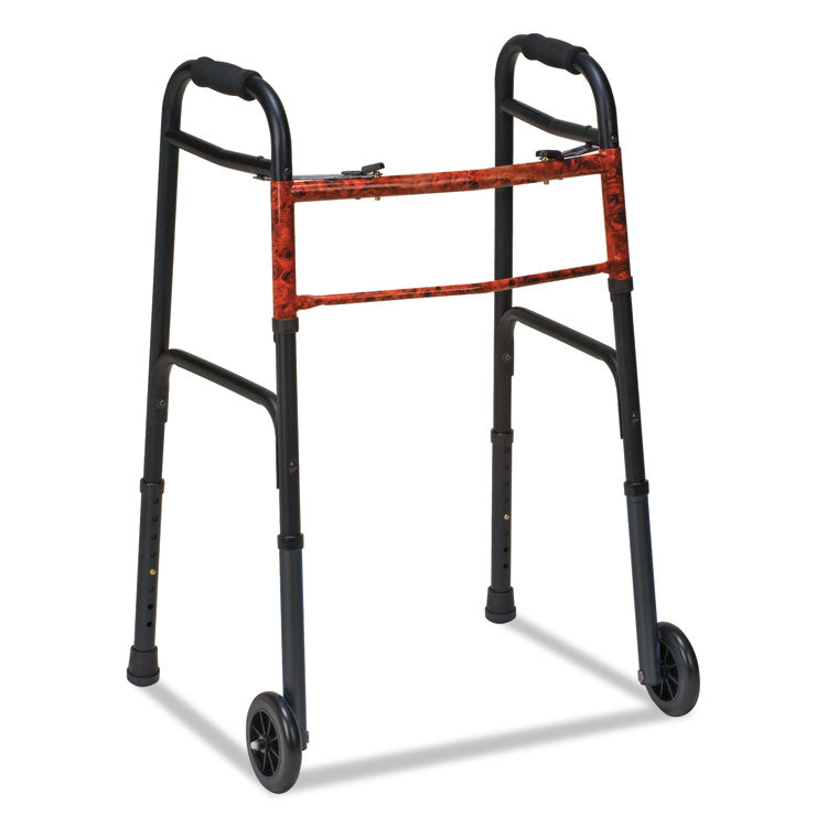 Two-Button Release Folding Walker with Wheels, Adjusts 32" to 38", 250 lb Capacity, Black/Copper