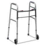 Two-Button Release Folding Walker with Wheels, Adjusts 32" to 38", 250 lb Capacity, Silver/Gray