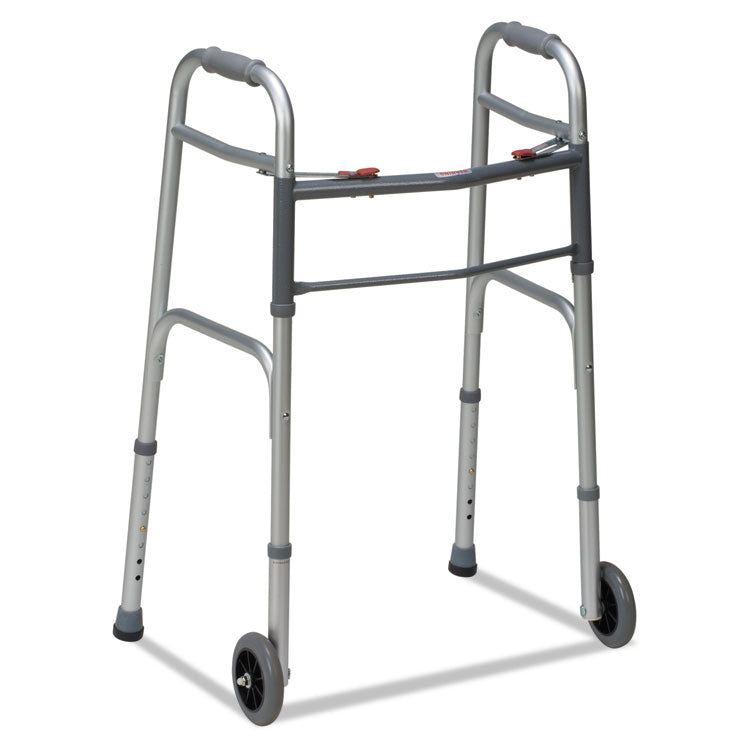 Two-Button Release Folding Walker with Wheels, Adjusts 32" to 38", 250 lb Capacity, Silver/Gray