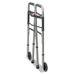 Two-Button Release Folding Walker with Wheels, Adjusts 32" to 38", 250 lb Capacity, Silver/Gray