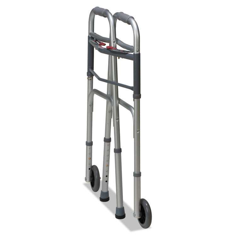 Two-Button Release Folding Walker with Wheels, Adjusts 32" to 38", 250 lb Capacity, Silver/Gray