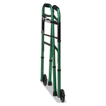 Two-Button Release Folding Walker with Wheels, Adjusts 32" to 38", 250 lb Capacity, Green/Green Ice
