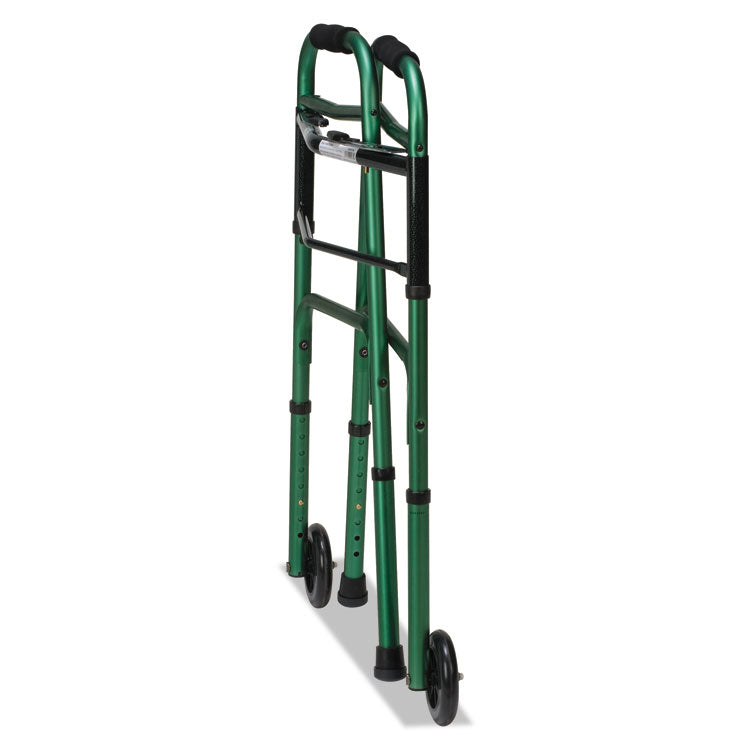 Two-Button Release Folding Walker with Wheels, Adjusts 32" to 38", 250 lb Capacity, Green/Green Ice